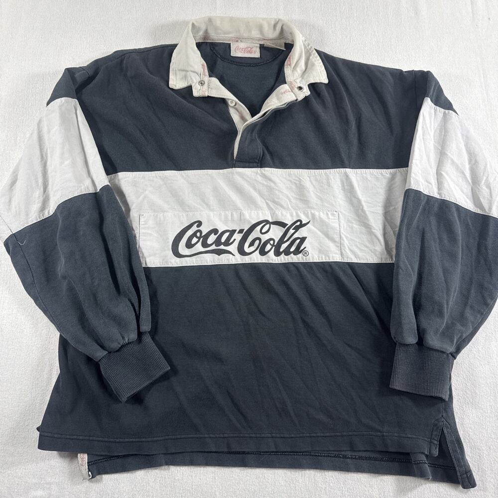 Vintage 80’s Coca Cola Rugby Shirt Black And White Men’s Size Large 22x25 Croppy